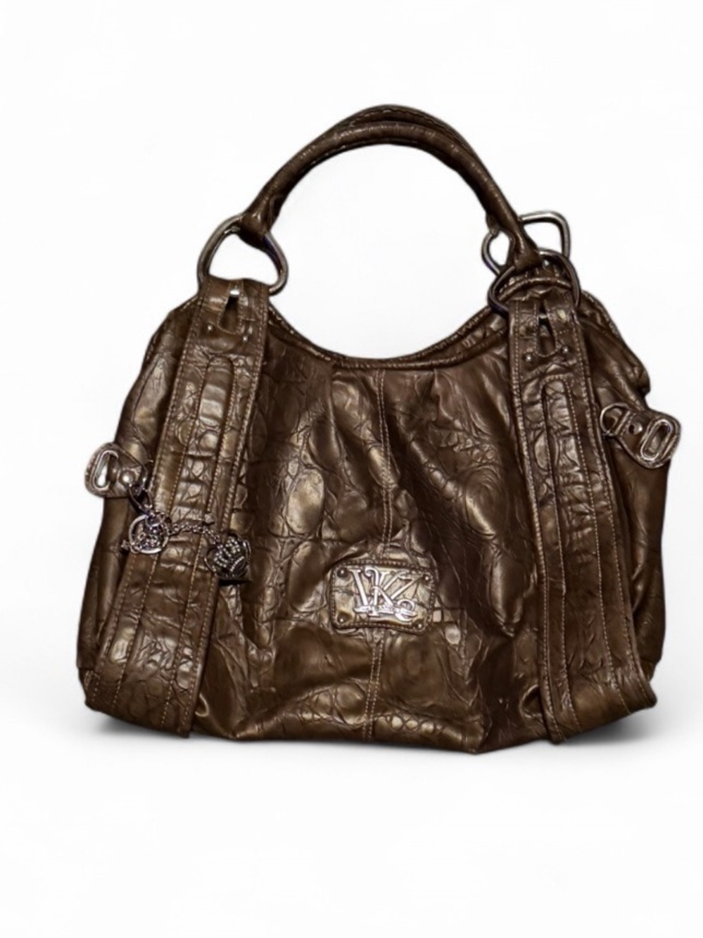 Y2K Kathy Van Zeeland Brown Croc-Embossed Hobo Shoulder Bag